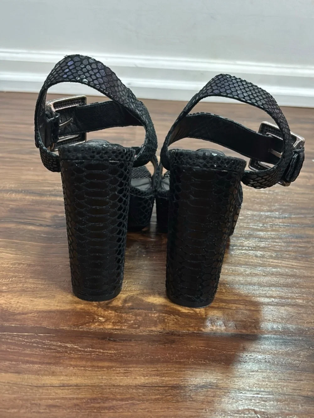 Black Snakeskin Platform Block Heels